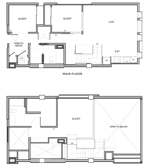 A floor plan of a house with two bedrooms, a living room, a kitchen, and a main floor.